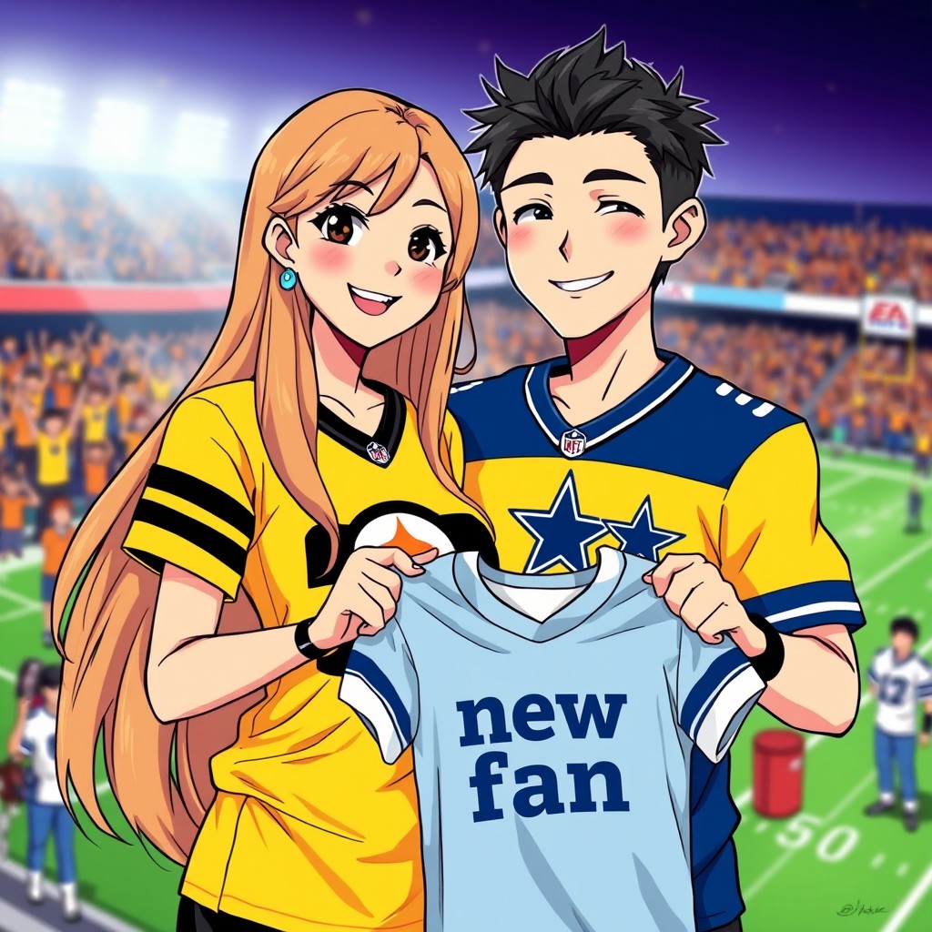 A vibrant and colorful anime-style illustration featuring a couple