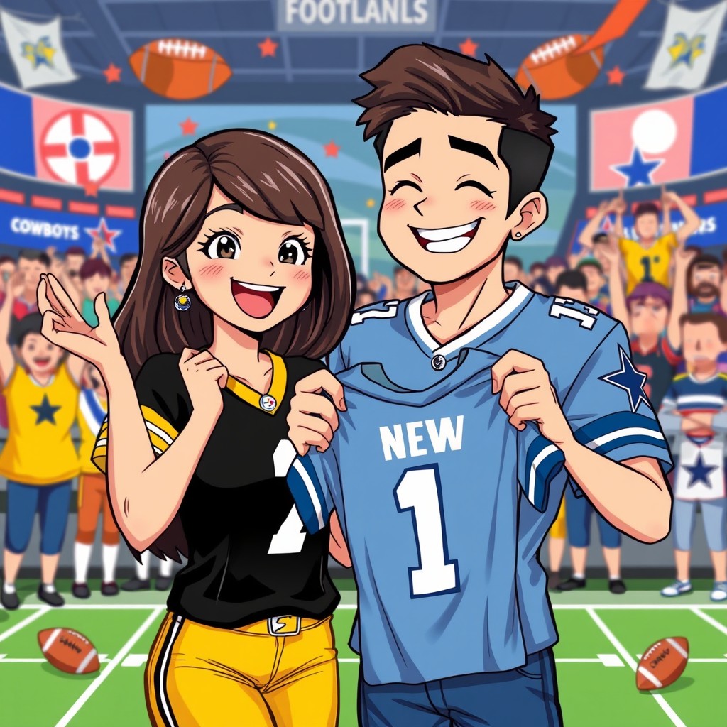 An anime-style illustration of a Hispanic couple celebrating their favorite football teams