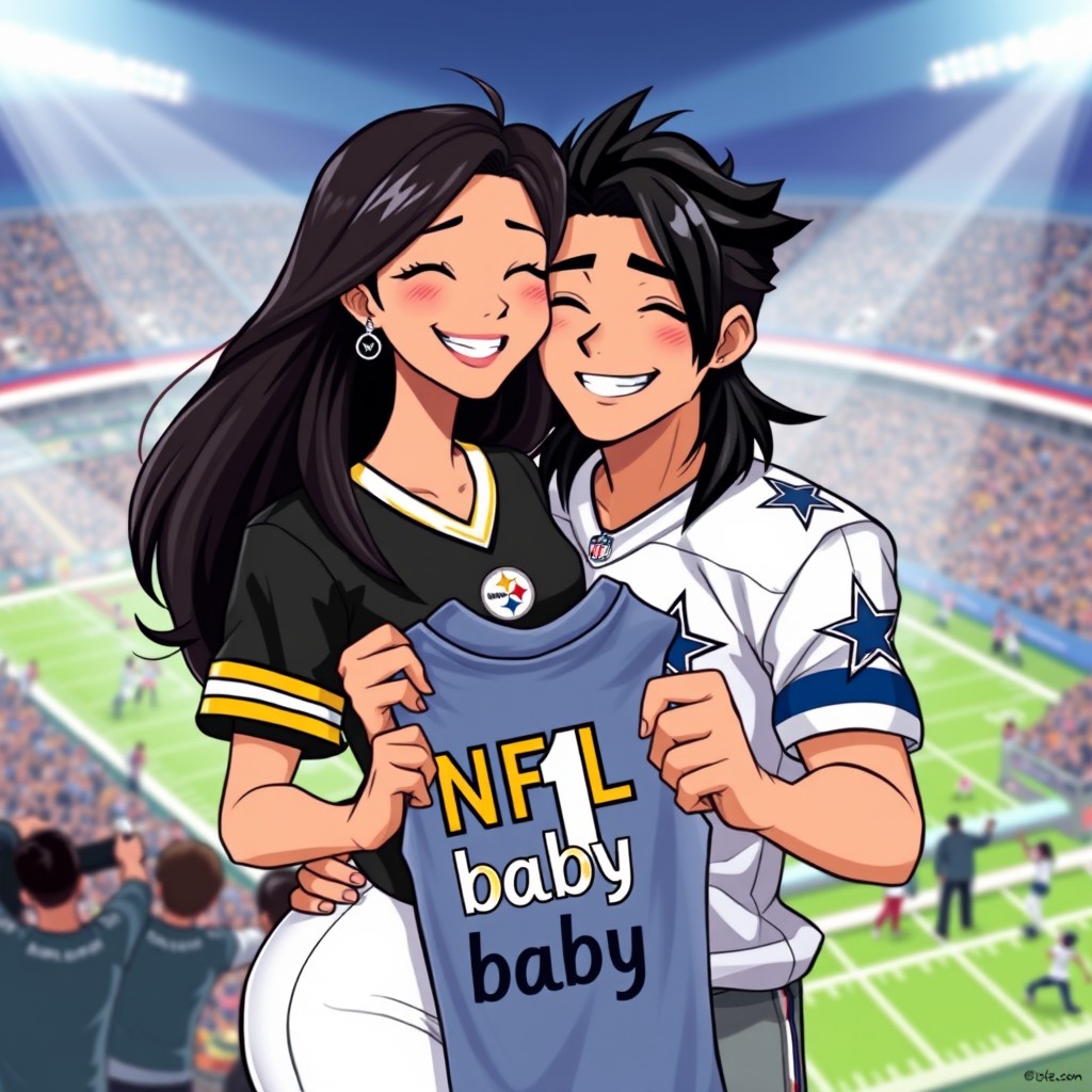 An anime style illustration of a Hispanic couple, the woman proudly wearing a black and gold Pittsburgh Steelers jersey with her long dark hair flowing, and the man in a blue and white Dallas Cowboys jersey, his black hair styled with a modern look