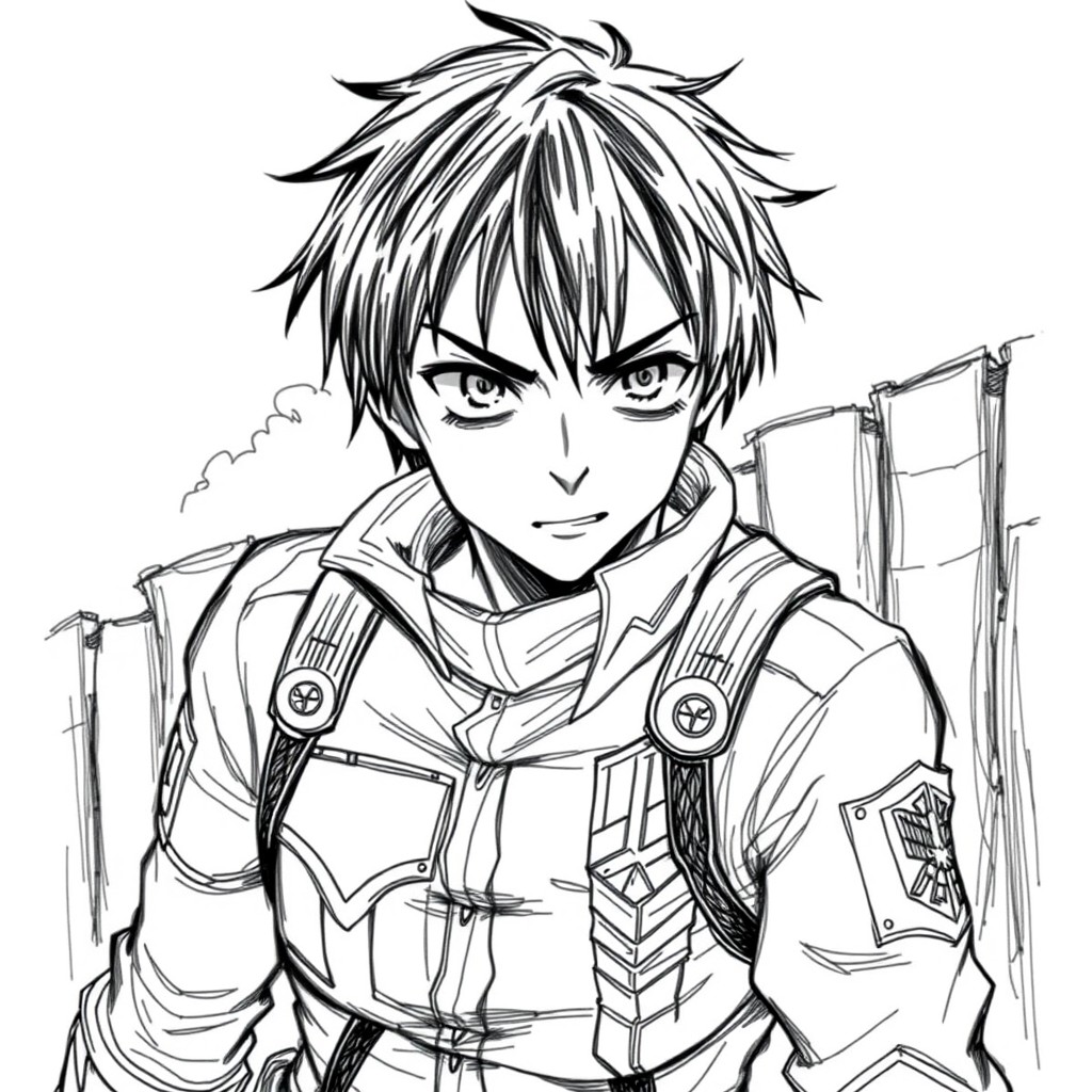A detailed black and white sketch of a character from Attack on Titan, showcasing their iconic outfit with the Survey Corps insignia