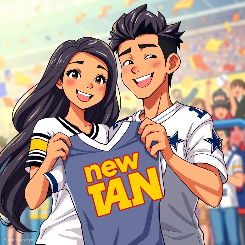 A colorful and vibrant anime scene featuring a Hispanic couple