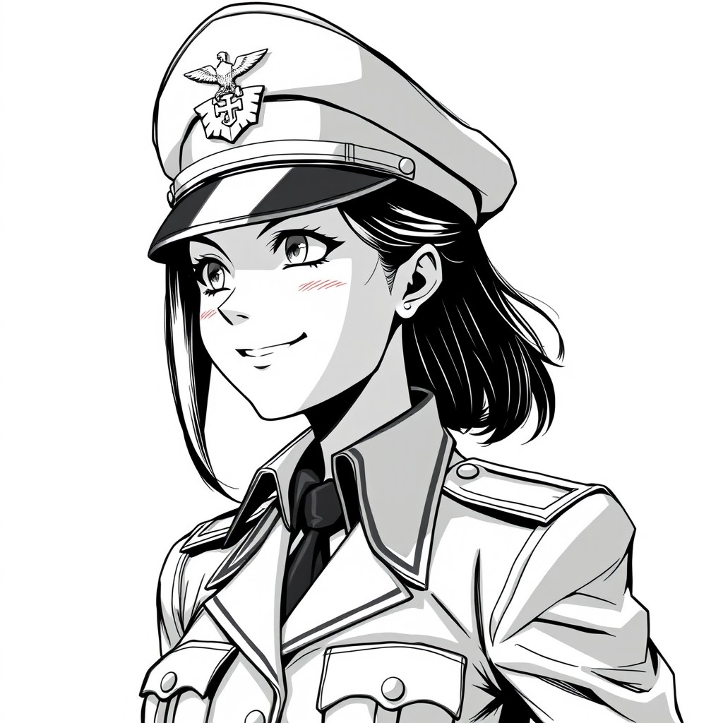 A female German officer in a peaked officer hat, wearing a detailed military uniform, smirking confidently