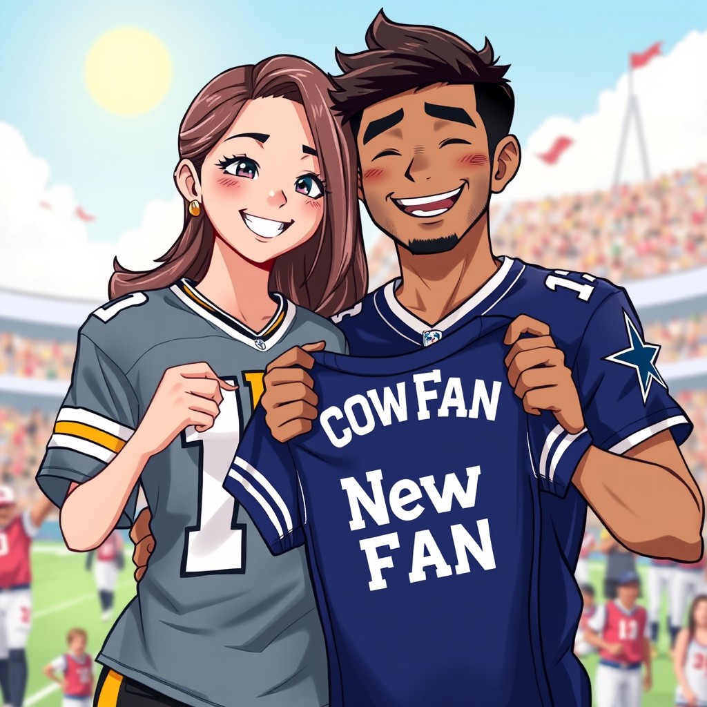 A vibrant anime-style illustration featuring a Hispanic couple