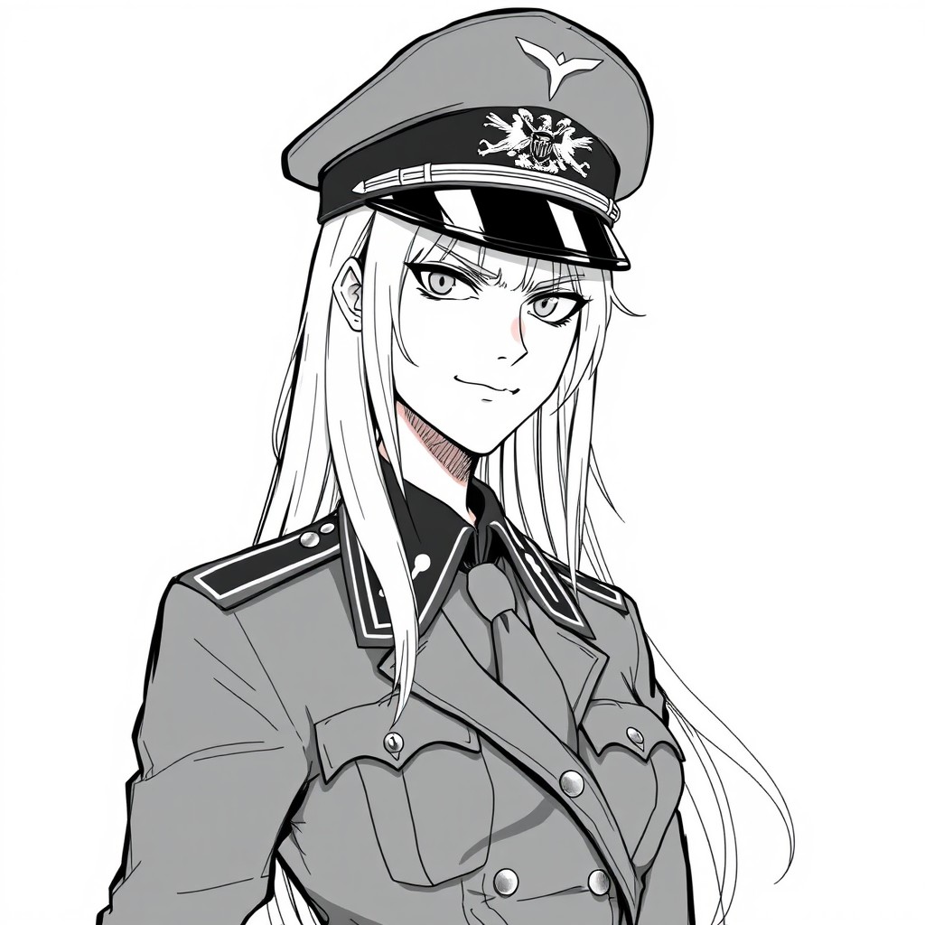 A tall female German officer with long blonde hair, wearing a peaked officer hat and a meticulously detailed military uniform