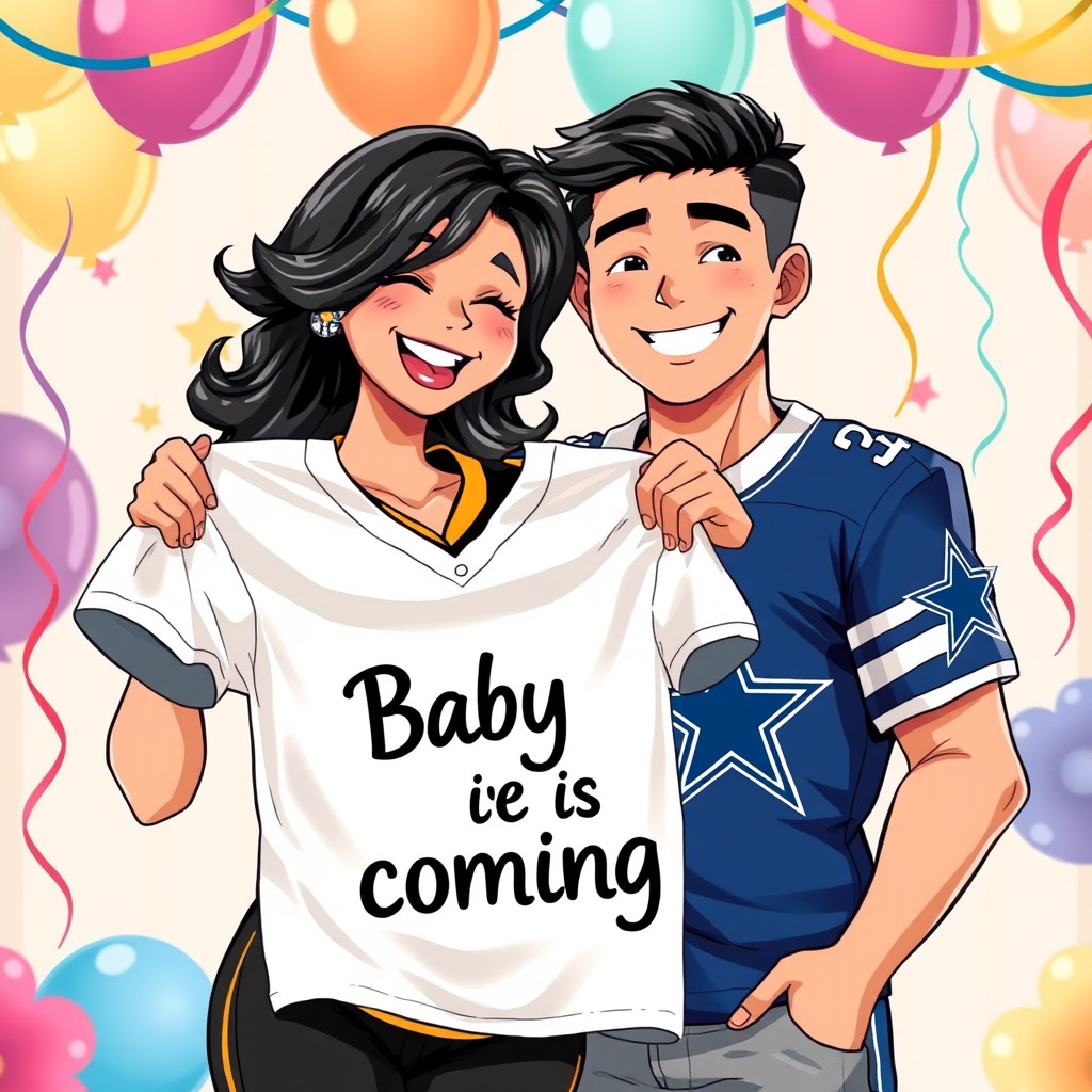 A vibrant anime-style illustration of a Hispanic couple celebrating together