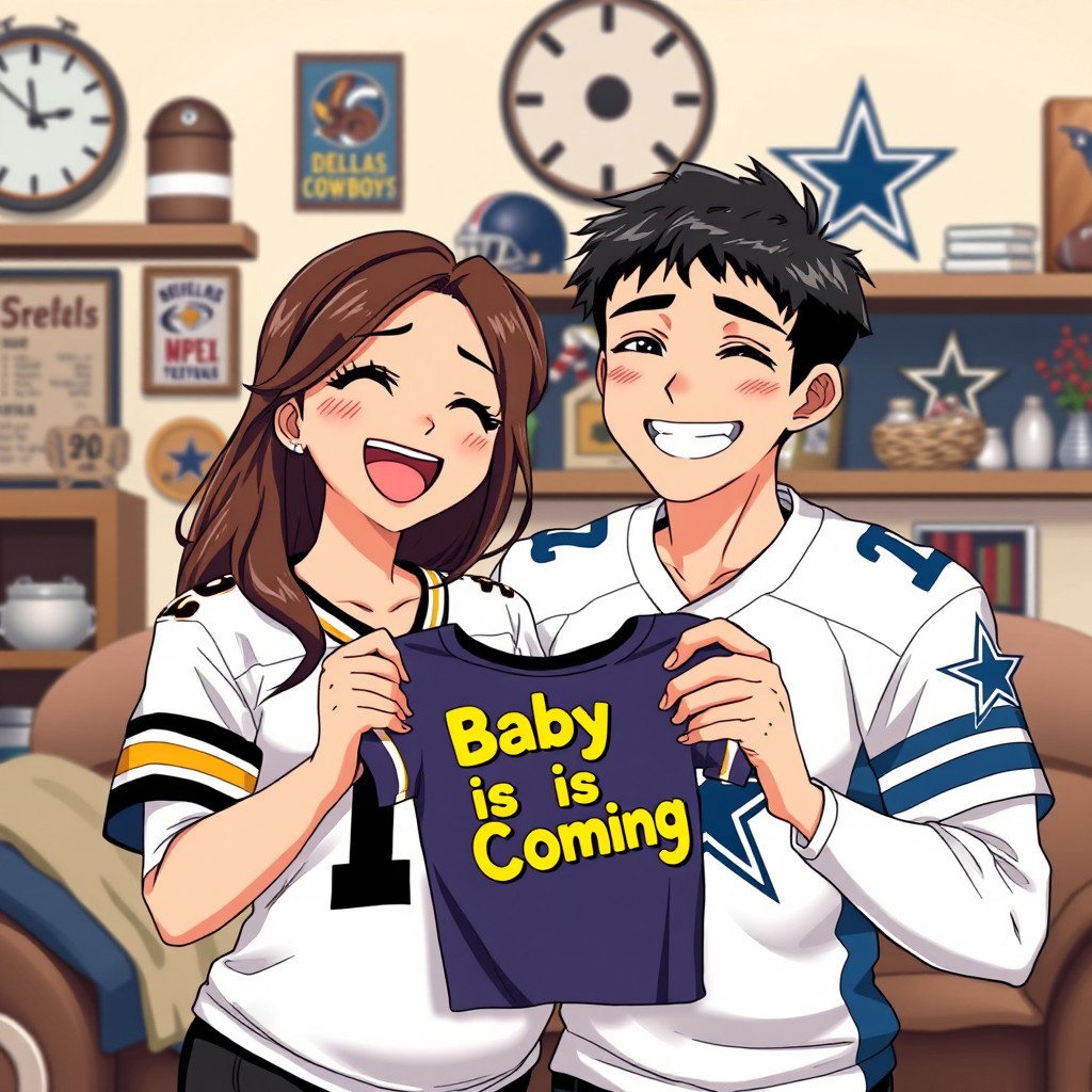 Anime depiction of a Hispanic couple, the woman is smiling widely, wearing a Pittsburgh Steelers jersey, while the man is next to her cheerfully wearing a Dallas Cowboys jersey
