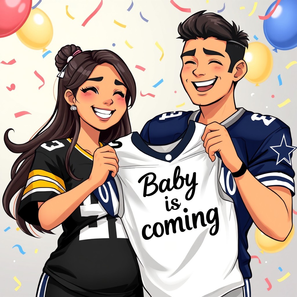 A vibrant anime-style illustration featuring a Hispanic couple celebrating a special moment together