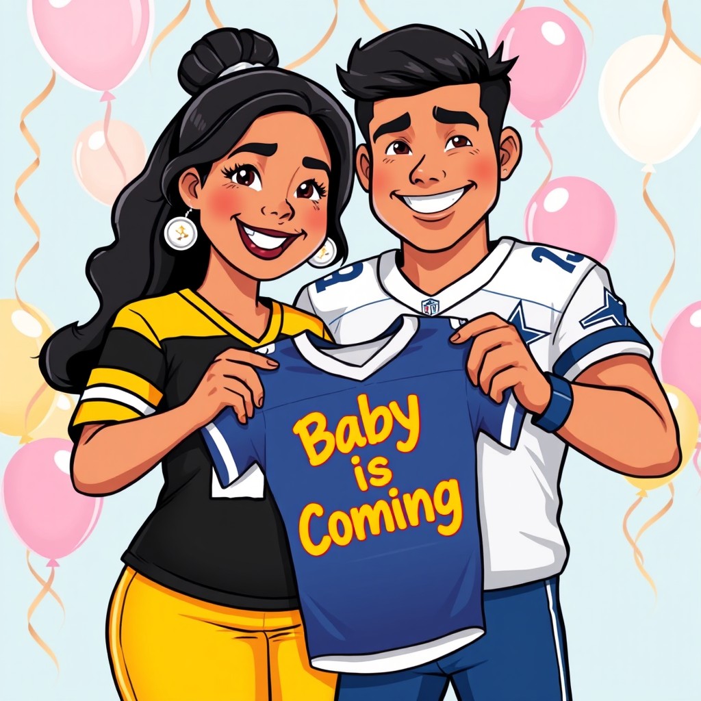 A vibrant cartoon-style illustration of a Hispanic couple