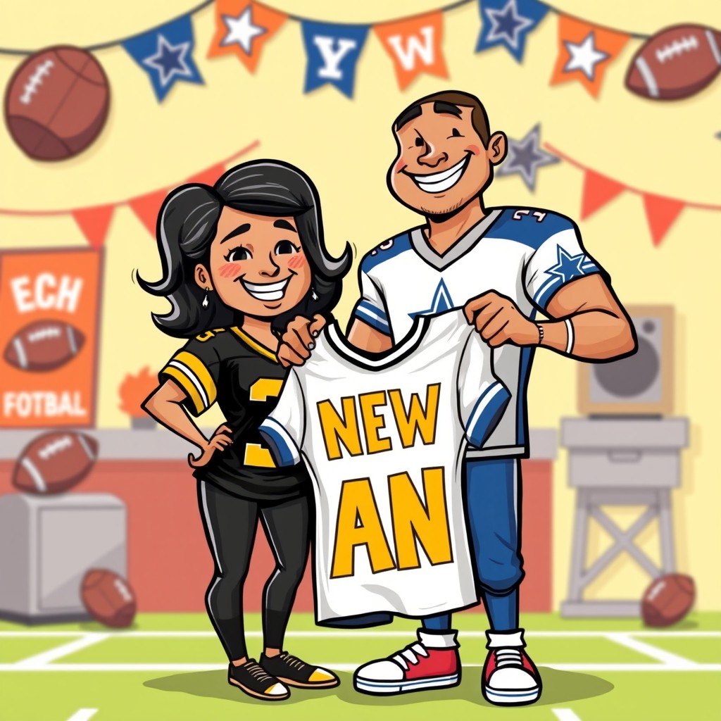 A vibrant cartoon scene featuring a Hispanic couple, with the woman proudly wearing a black and gold Pittsburgh Steelers jersey and the man sporting a blue and white Dallas Cowboys jersey