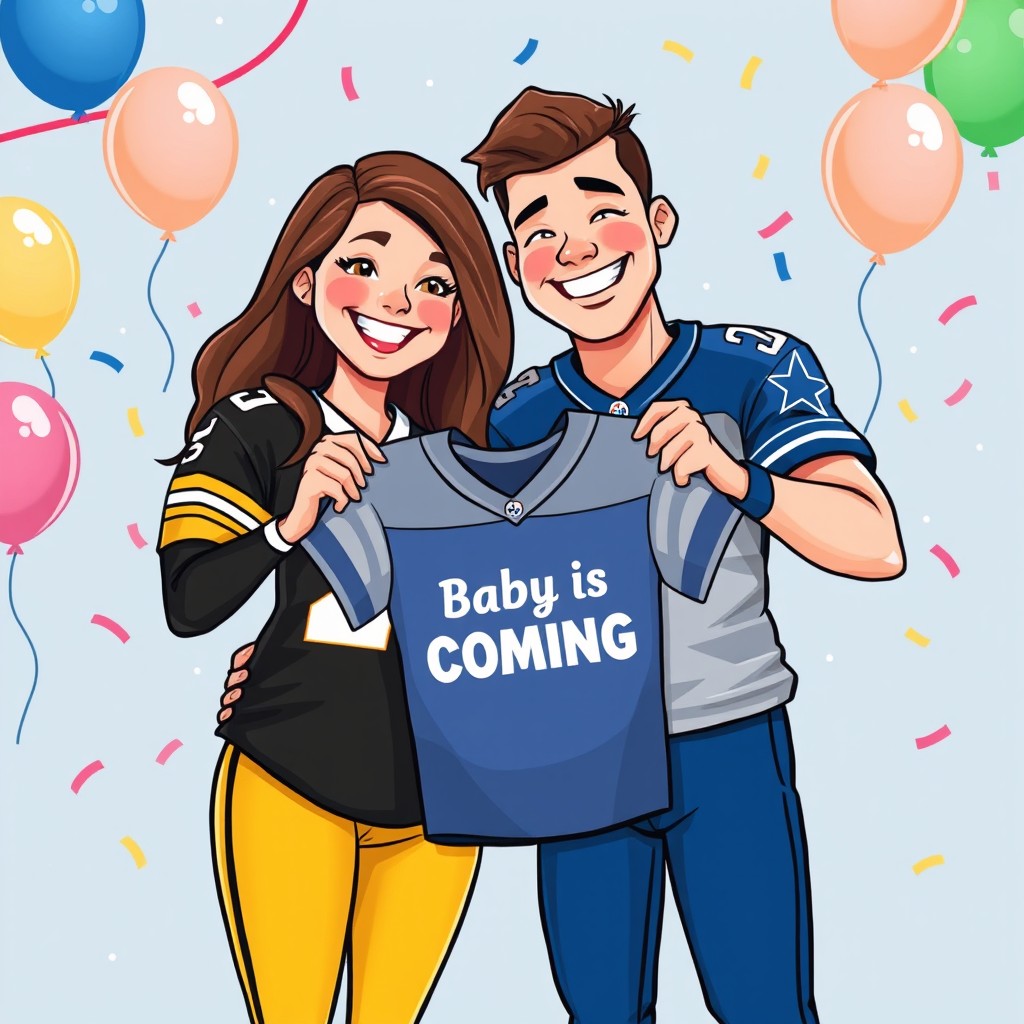 A colorful cartoon style illustration of a cheerful couple celebrating their pregnancy announcement