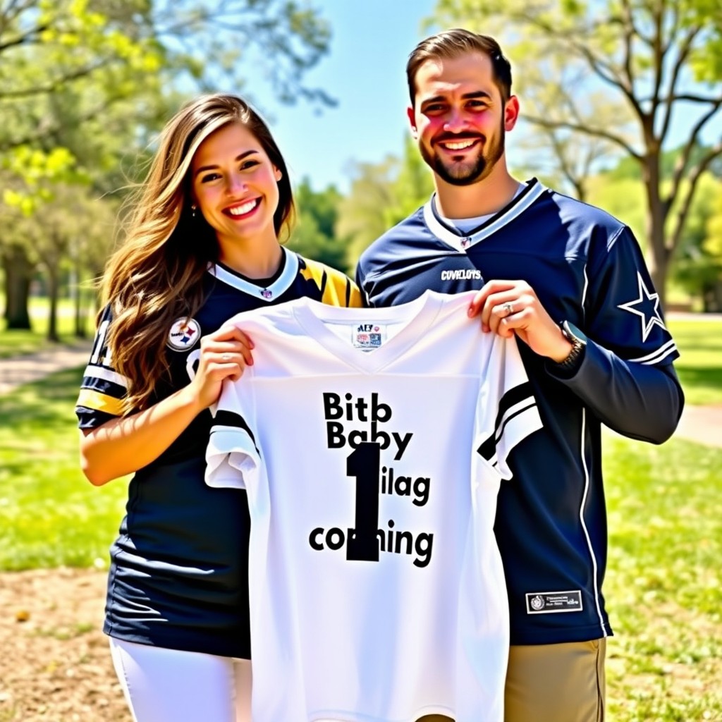 A couple celebrating a momentous occasion, the woman wearing a bright yellow Pittsburgh Steelers jersey, and the man in a classic navy blue Dallas Cowboys jersey