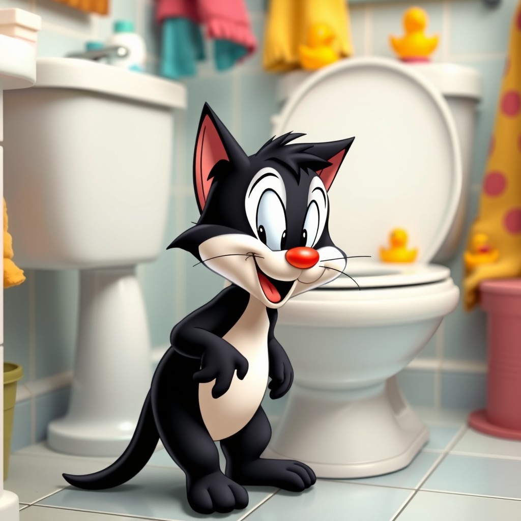An adorable scene featuring a baby version of Sylvester the Cat, the iconic Looney Tunes character, standing next to a toilet