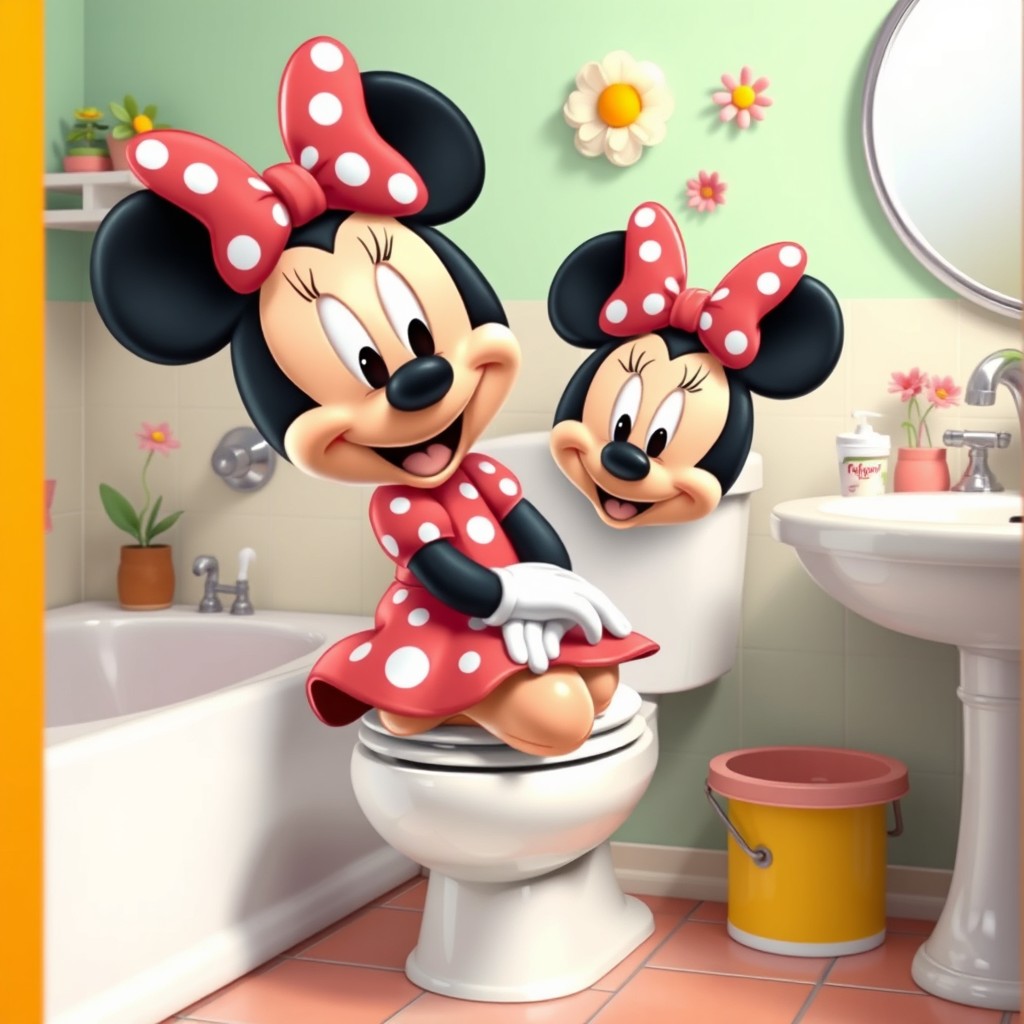 A playful and whimsical scene featuring Minnie Mouse, the beloved Disney character, sitting on a toilet