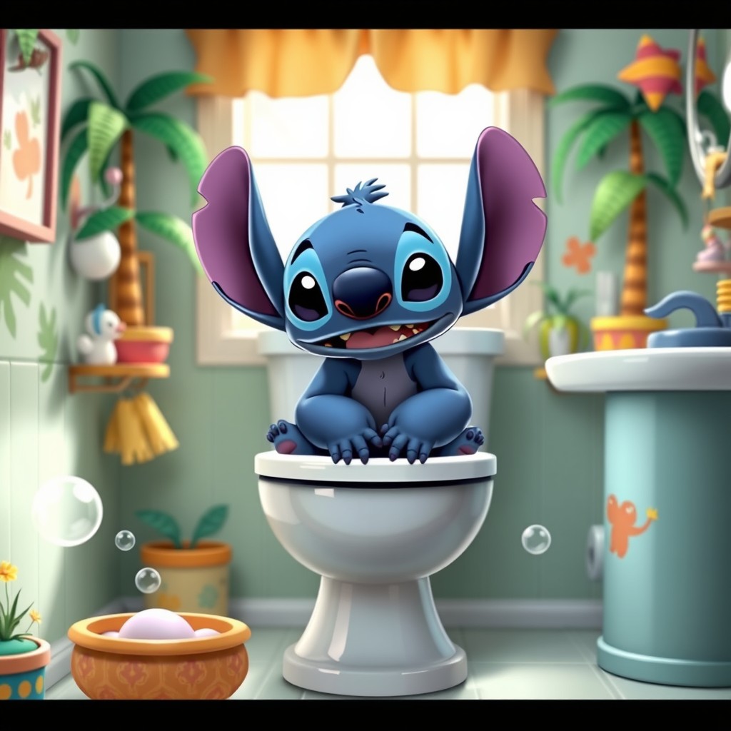 A humorous and cute scene featuring Stitch, the beloved character from Disney's Lilo & Stitch, sitting on a chamber pot