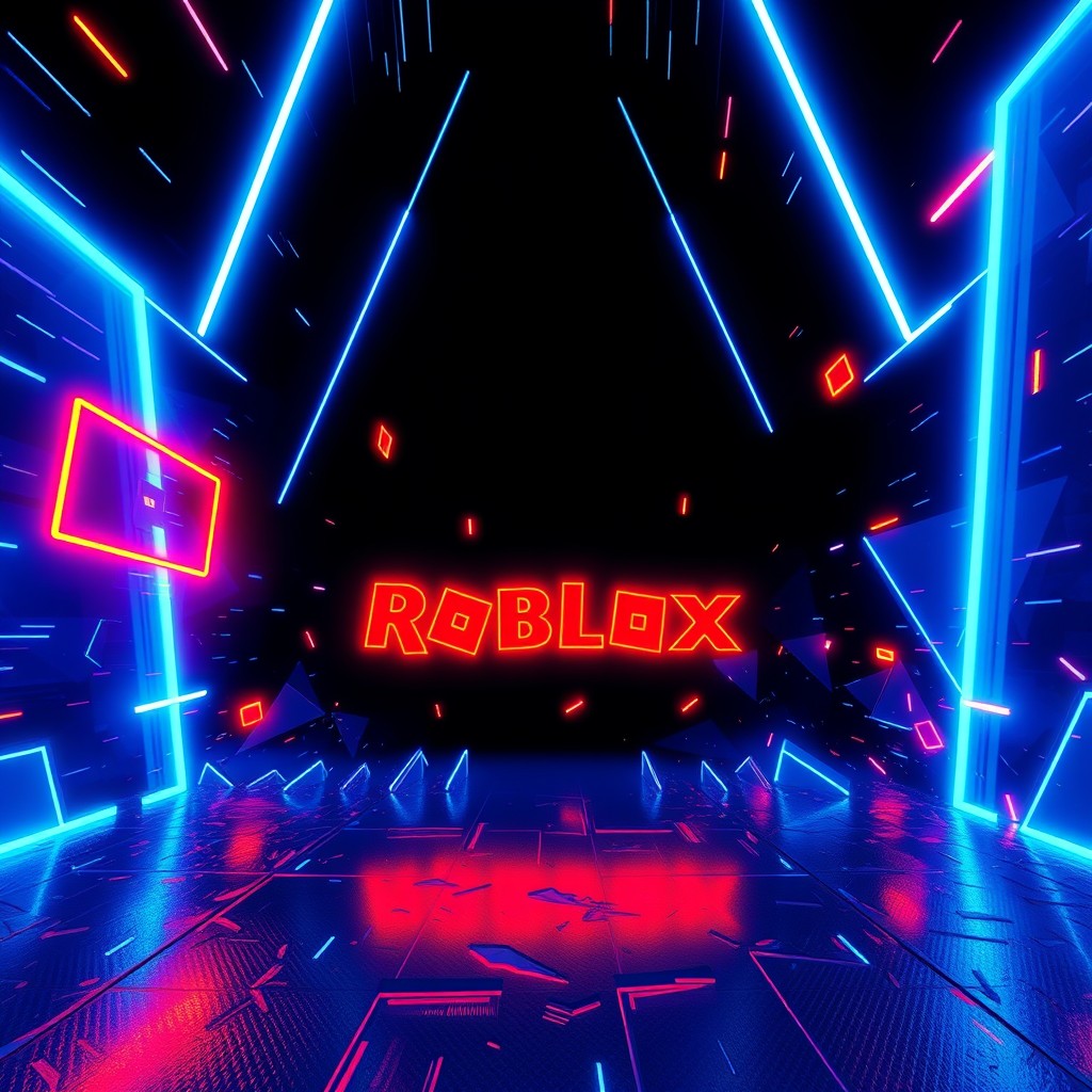 A striking dynamic blue background in a Roblox-inspired design, infused with neon effects that create a sense of panic and urgency