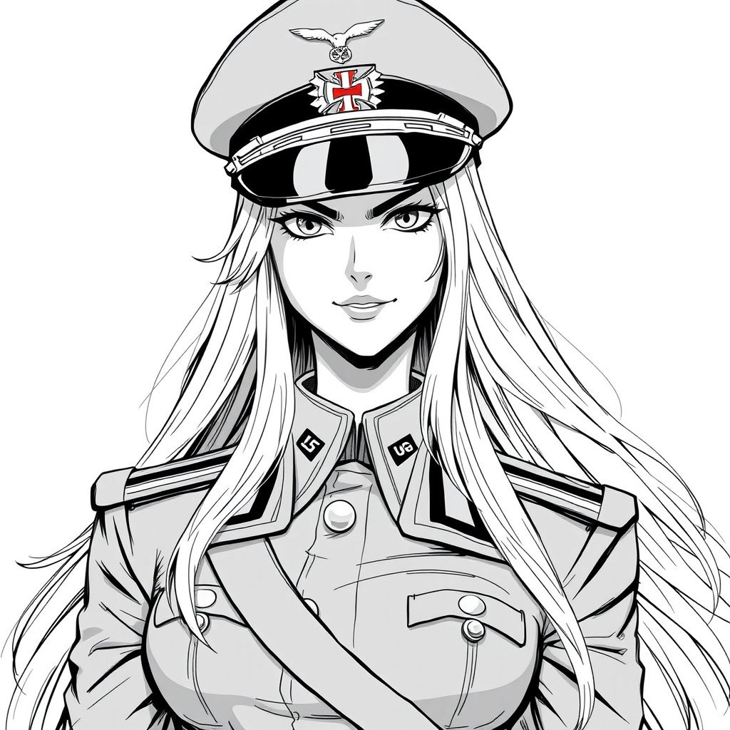 A tall and beautiful female German officer with long, grand flowing blonde hair, wearing a peaked officer hat and an intricately designed military uniform