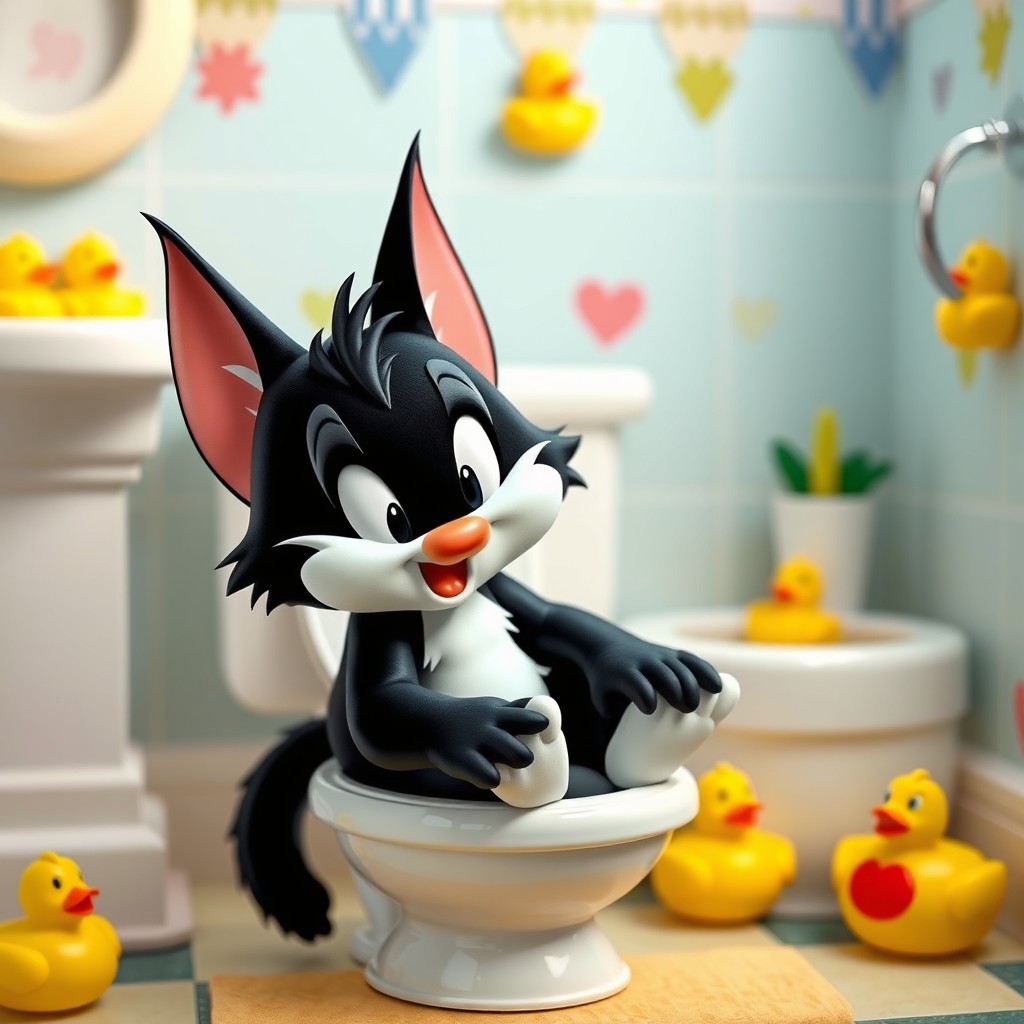 An adorable scene featuring a baby version of Sylvester the Cat, the iconic character from Looney Tunes, sitting on a chamber pot