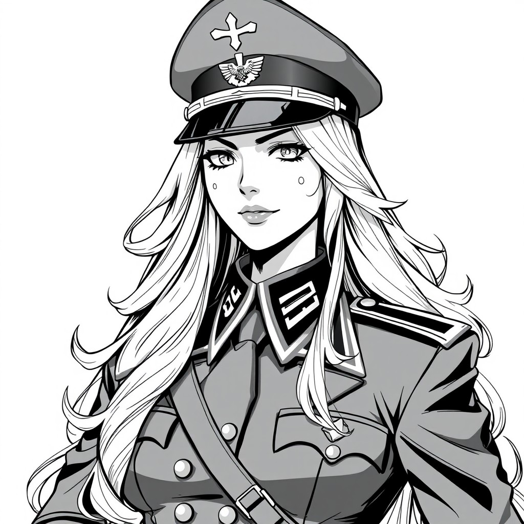 A tall, beautiful female German officer with long, grand wavy flowing blonde hair, adorned with a peaked officer hat and wearing a meticulously detailed military uniform