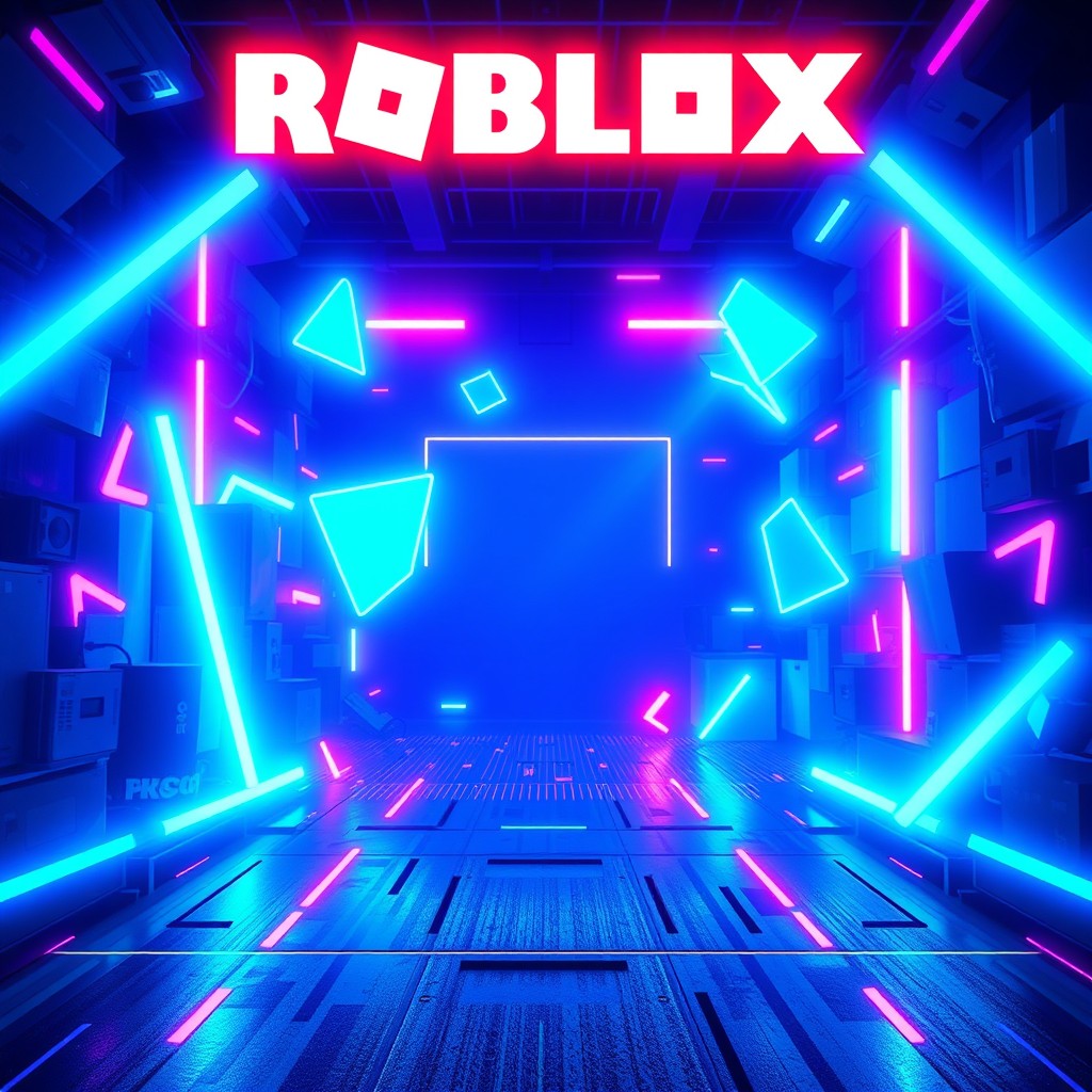 A vibrant and energetic background featuring a Roblox-inspired design that incorporates a blue panic style with neon elements