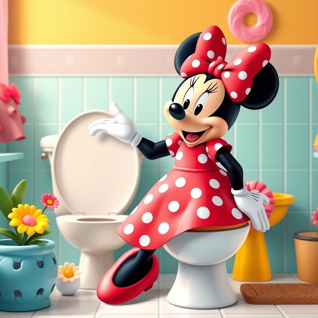 A charming scene featuring Minnie Mouse, the iconic Disney character, standing next to a toilet