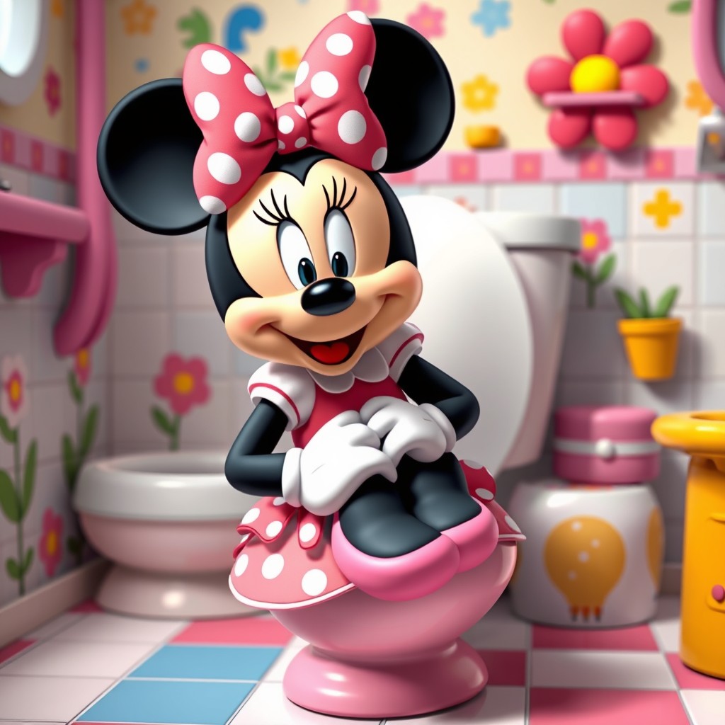 A whimsical scene featuring Minnie Mouse, the beloved Disney character, sitting on a potty