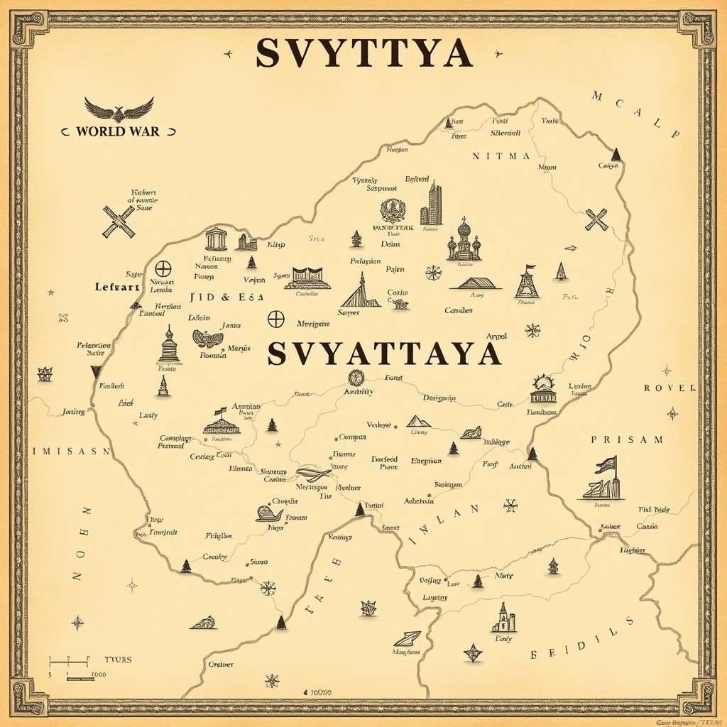 A beige World War I style map depicting a fictional country named Svyataya