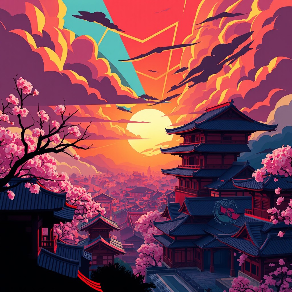 A vibrant and energetic background inspired by the dynamic world of YAIBA, featuring bold colors and sharp geometric shapes