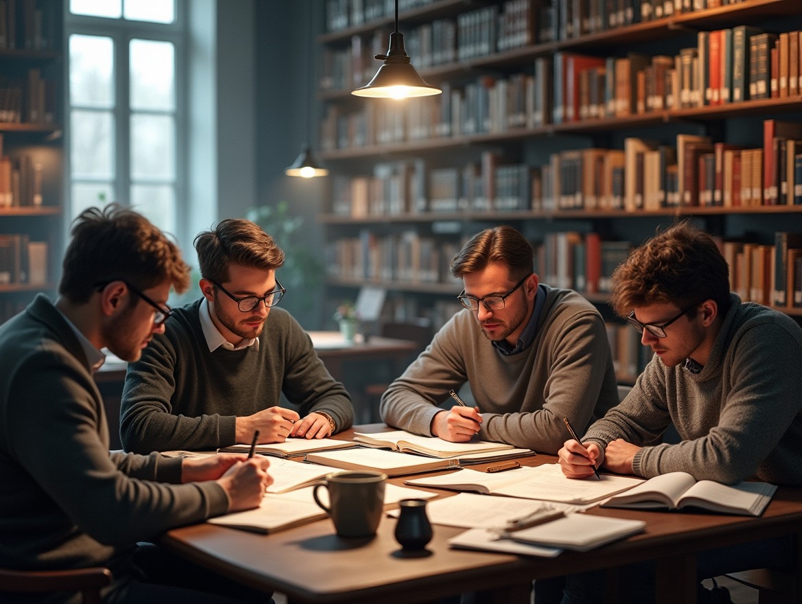A serene library scene titled 'The Architects of Knowledge' or 'In the Sea of Paper'
