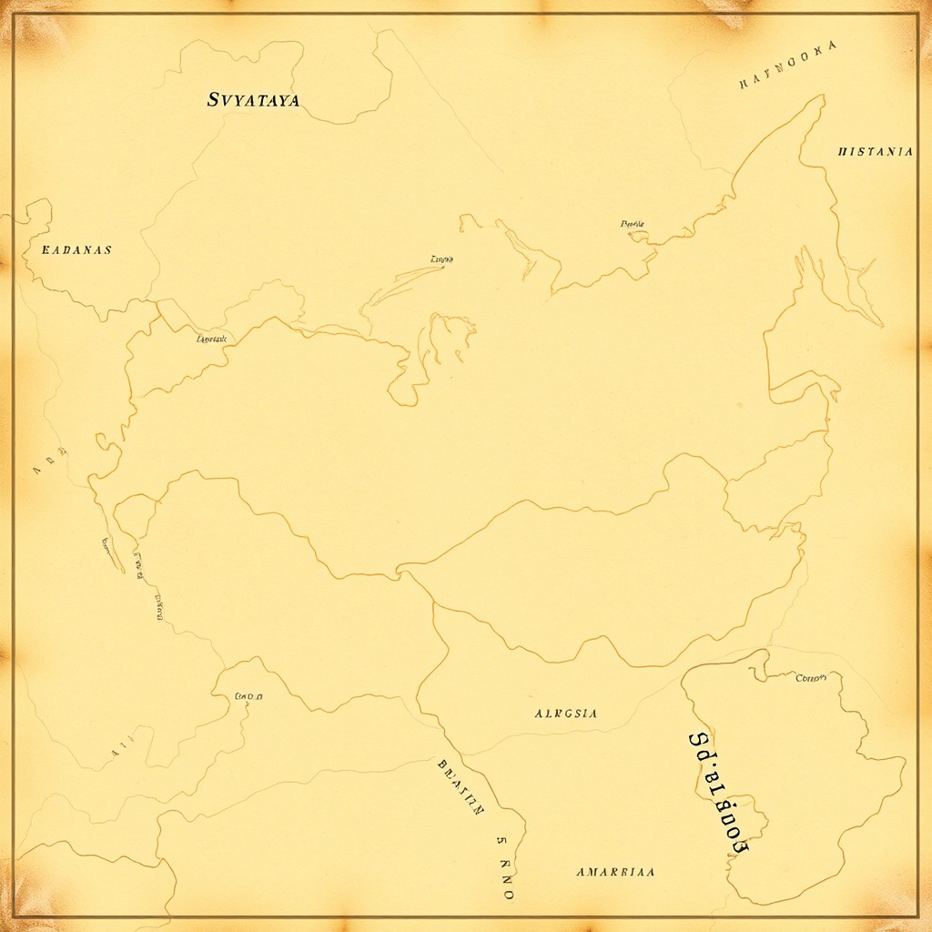 A beige World War I style map of a large fictional country named Svyataya, featuring an outline that resembles the shape of Russia
