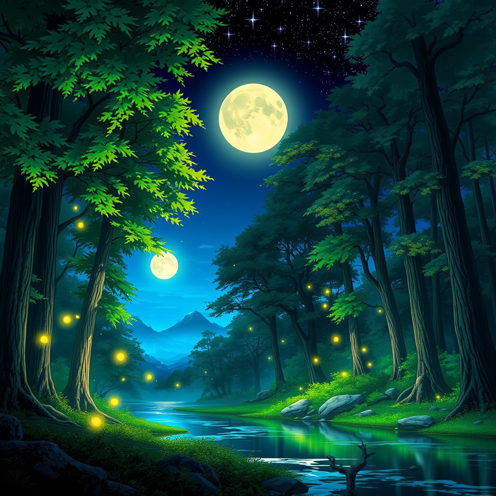 An enchanting background in the style of Demon Slayer (Kimetsu no Yaiba), featuring a mystical forest scene bathed in moonlight