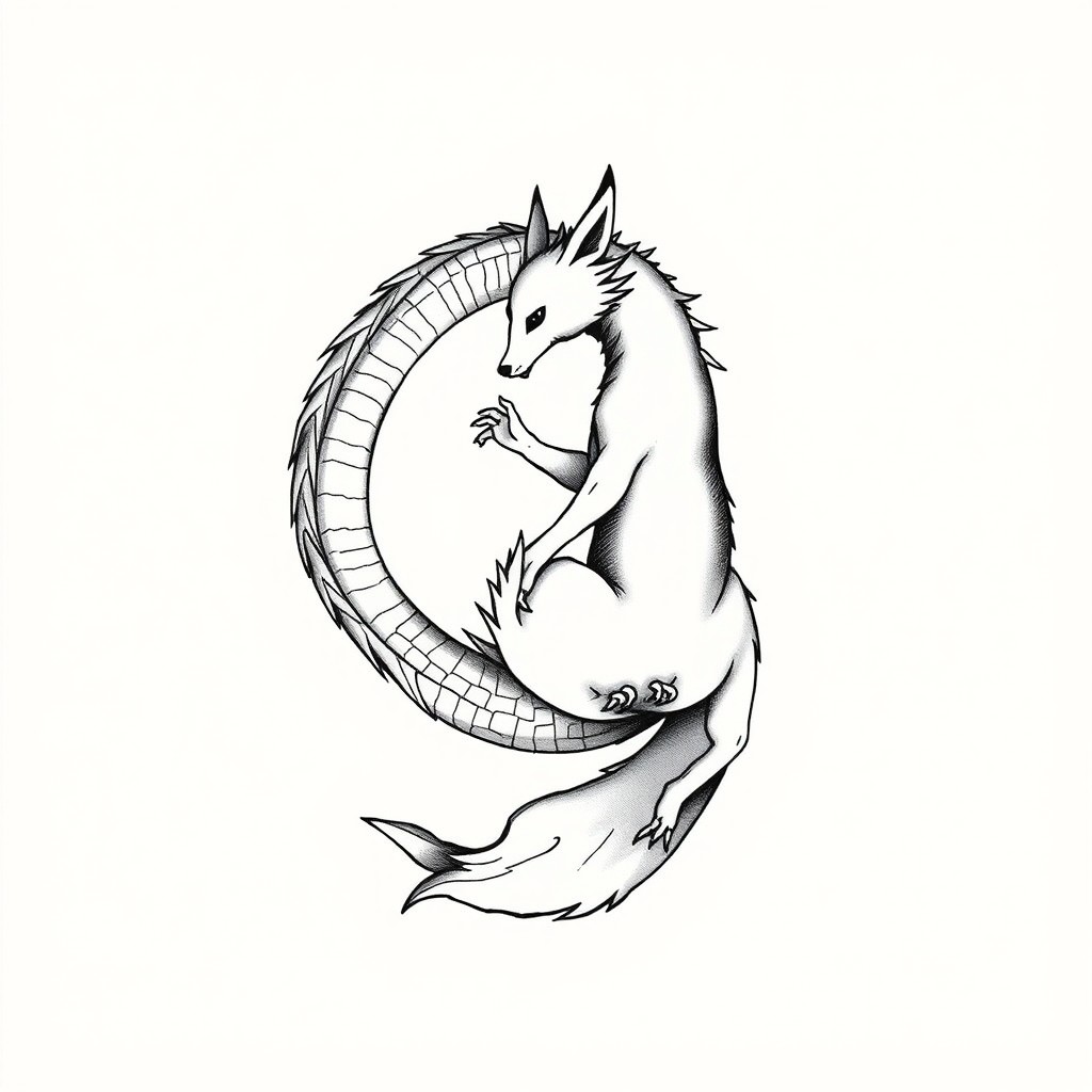 A tattoo design featuring a Haku-inspired dragon, which includes four legs, a long serpentine body, and a soft, spirit-like design