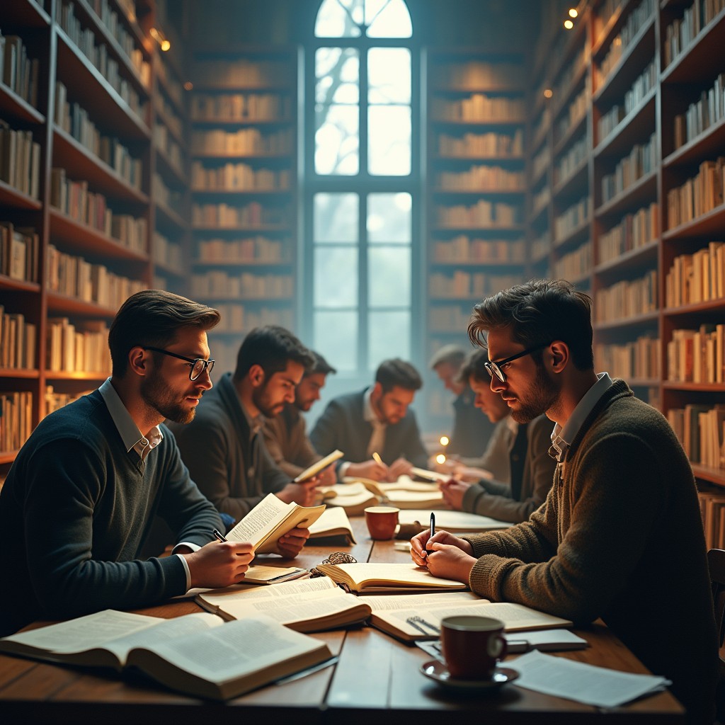A serene library scene titled 'The Architects of Knowledge' or 'In the Sea of Paper'