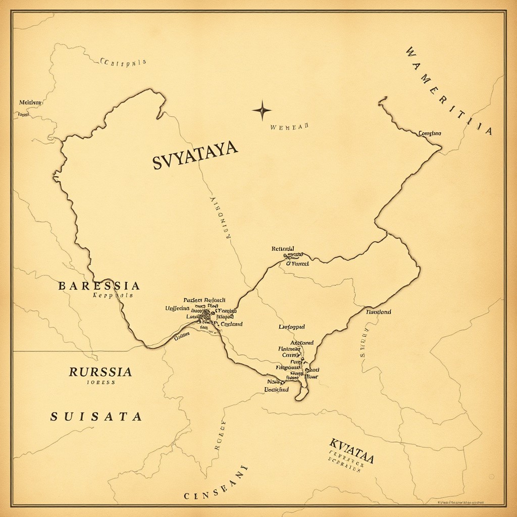 A beige, vintage WW1 style map depicting a large fictional country named Svyataya