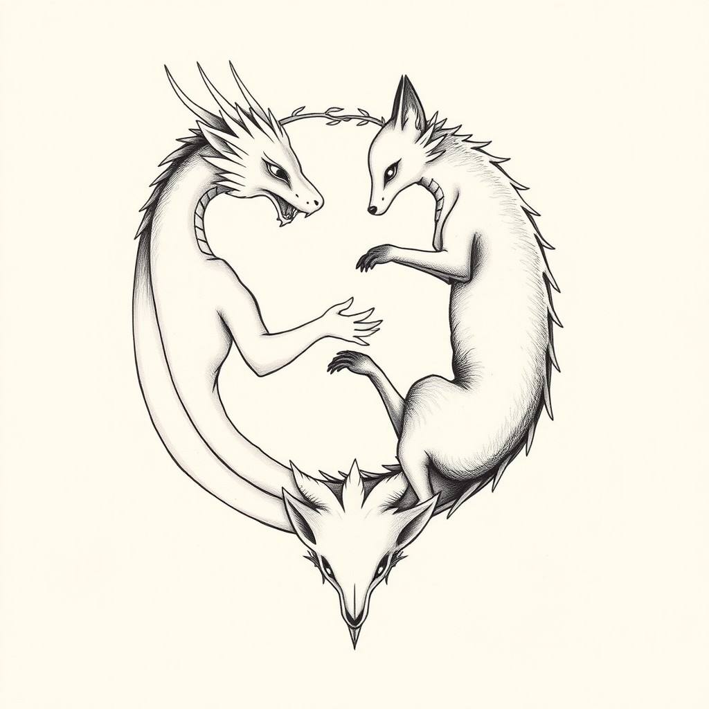A tattoo design showcasing a dragon inspired by Haku, featuring four legs, a long serpentine body, and a soft, ethereal spirit-like design