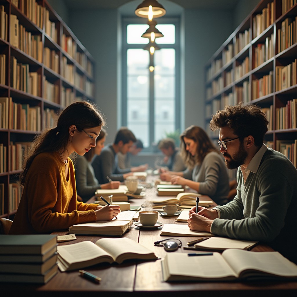 A serene library scene titled 'The Architects of Knowledge' or 'In the Sea of Paper'