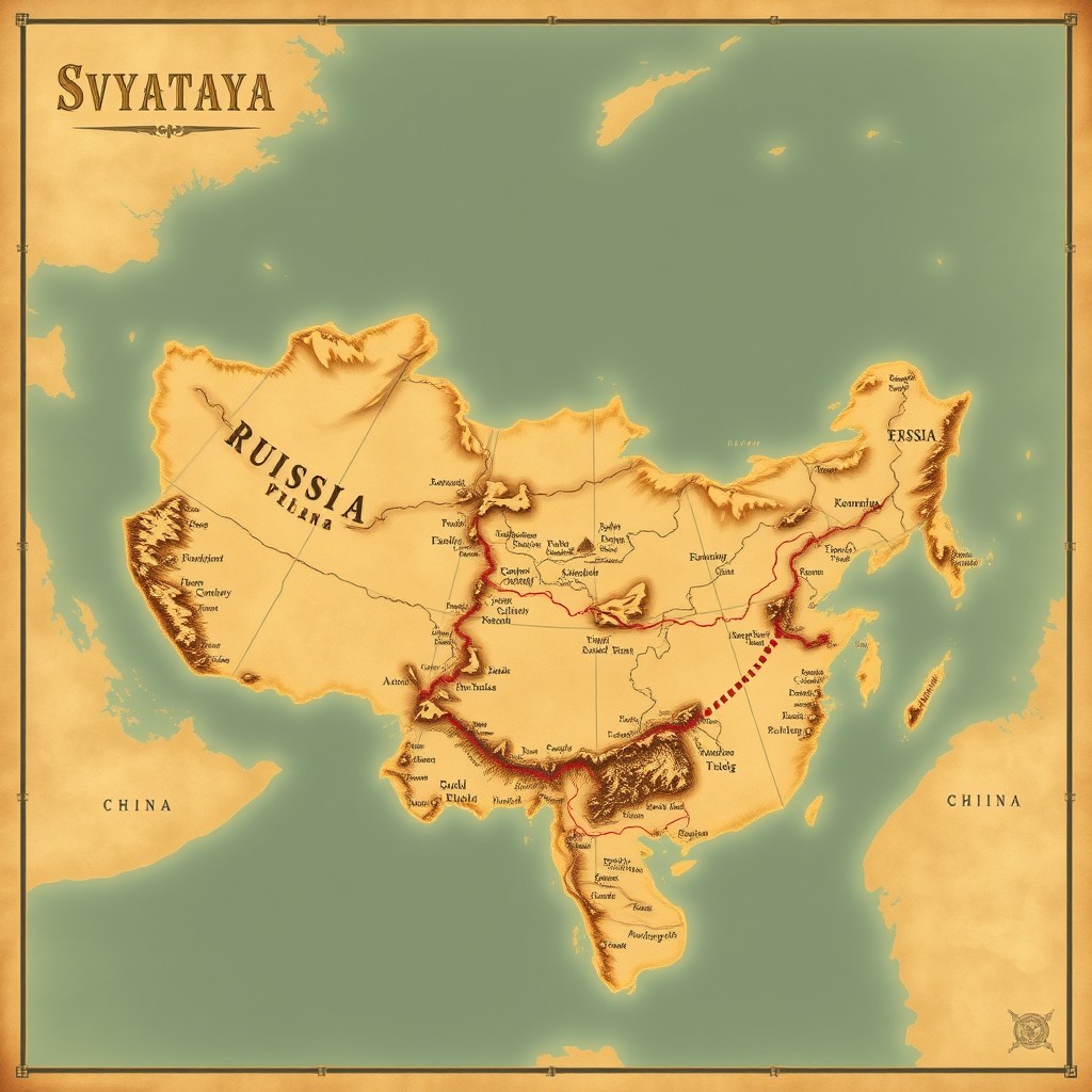 A beige, vintage WW1 style map representing a large fictional country named Svyataya