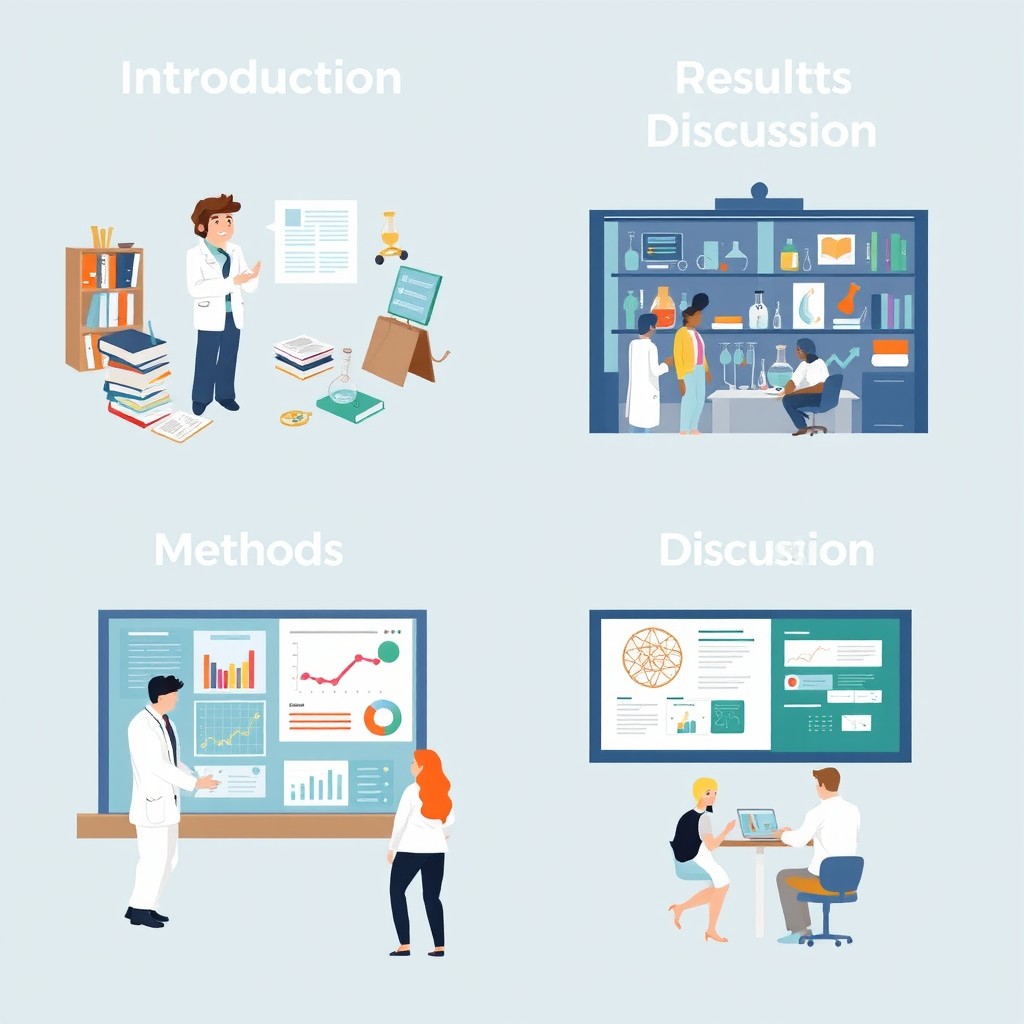 An illustration depicting the structure of a scientific publication using the IMRyD format (Introduction, Methods, Results, Discussion)