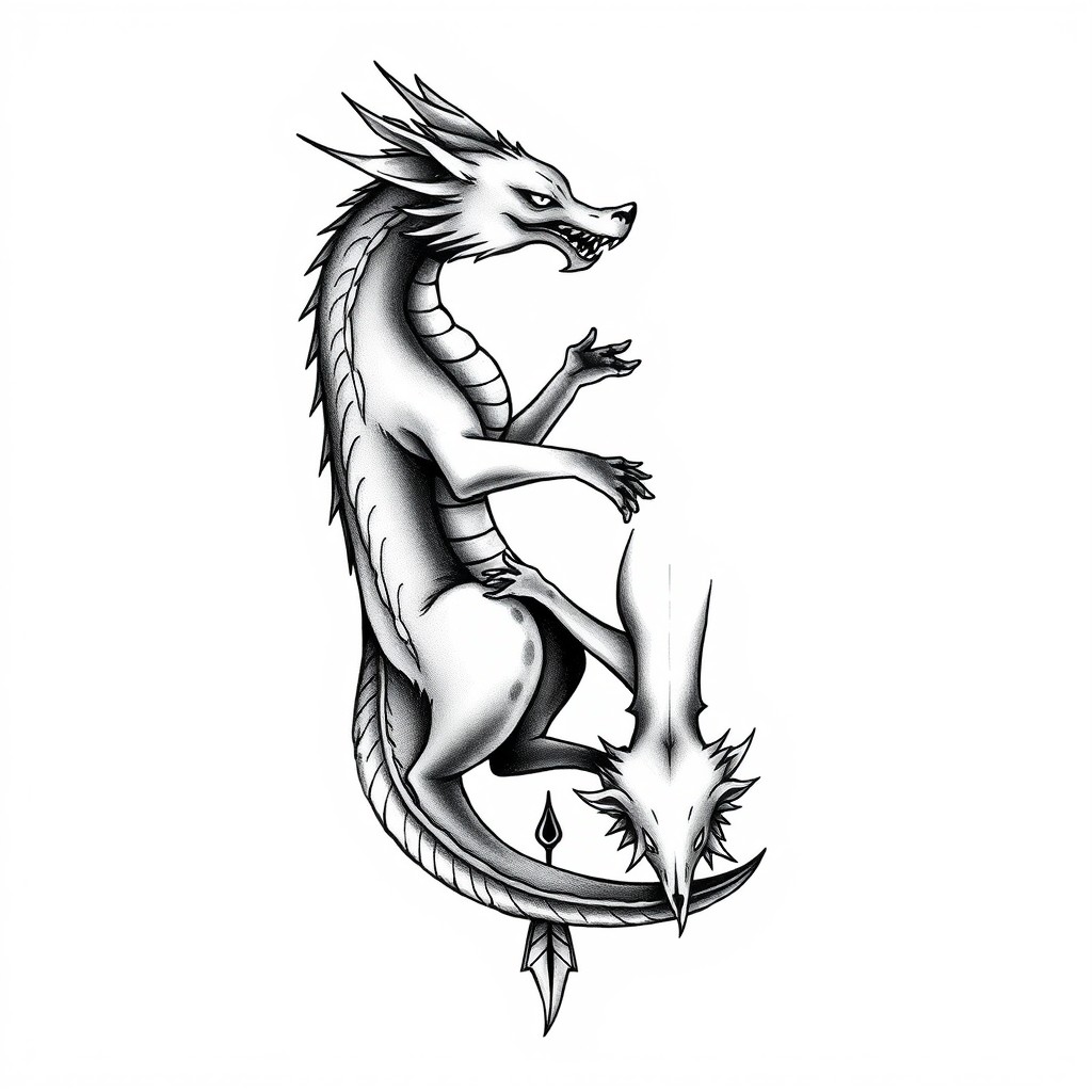 A tattoo concept illustrating a dragon resembling Haku, characterized by four legs, an elongated serpentine body, and a gentle, spirit-like appearance