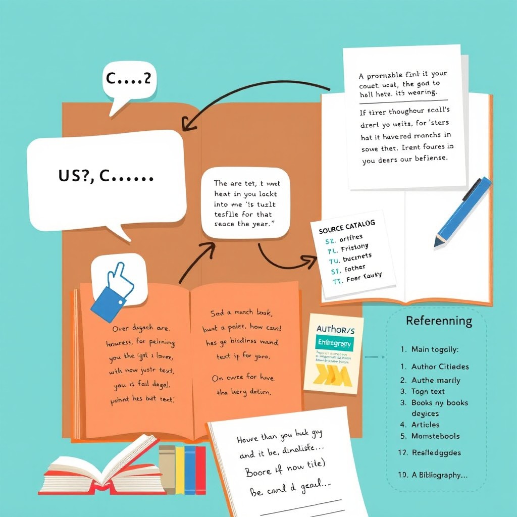 An educational illustration depicting concepts of citation and referencing in an academic context