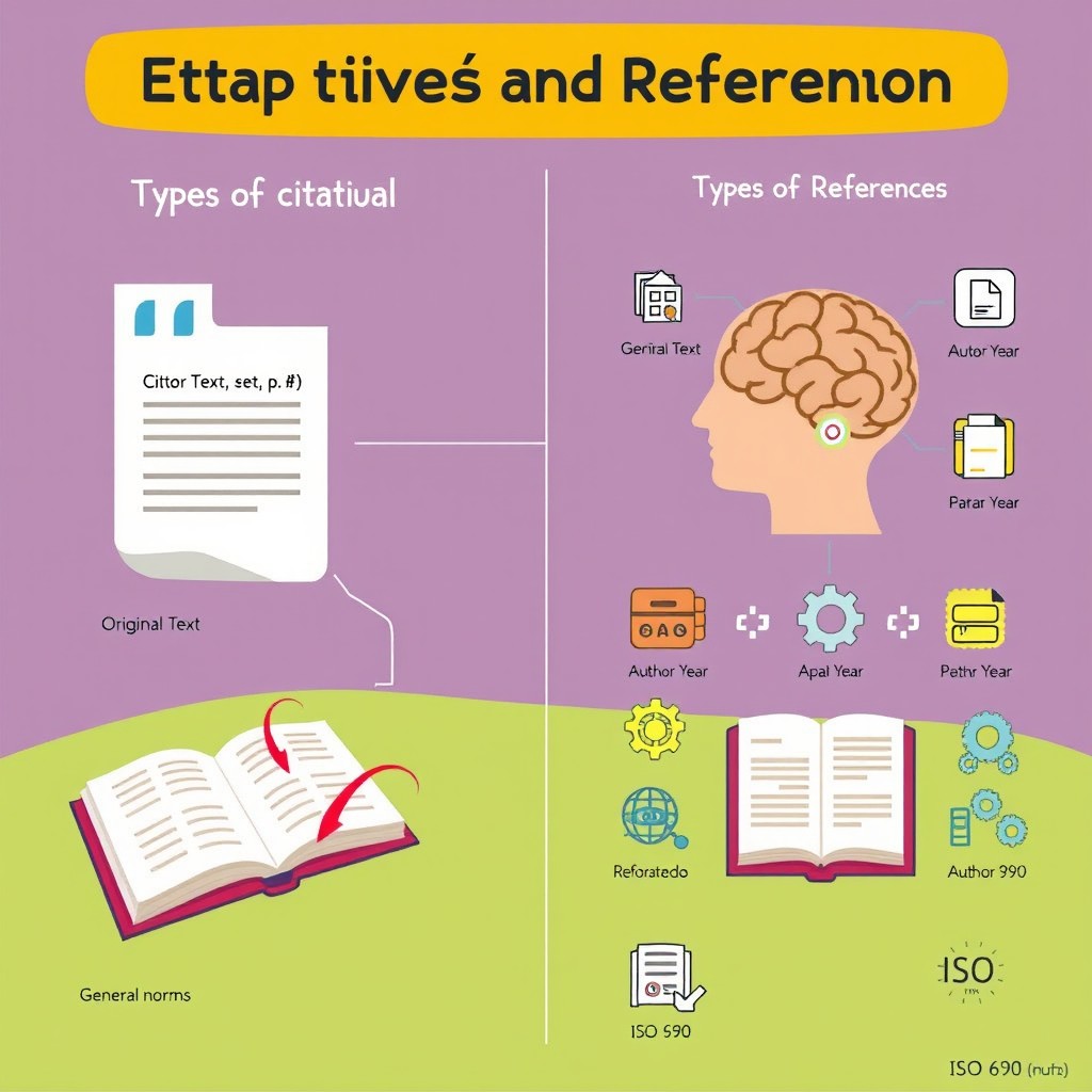 An educational illustration depicting various citation types and referencing norms