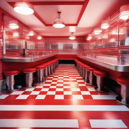 Create an image of a classic 1950s American diner at sunset with neon lights reflecting off chrome fixtures and retro red and white checkered floor tiles.