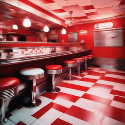 Create an image of a classic 1950s American diner at sunset with neon lights reflecting off chrome fixtures and retro red and white checkered floor tiles.