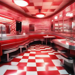 Create an image of a classic 1950s American diner at sunset with neon lights reflecting off chrome fixtures and retro red and white checkered floor tiles.