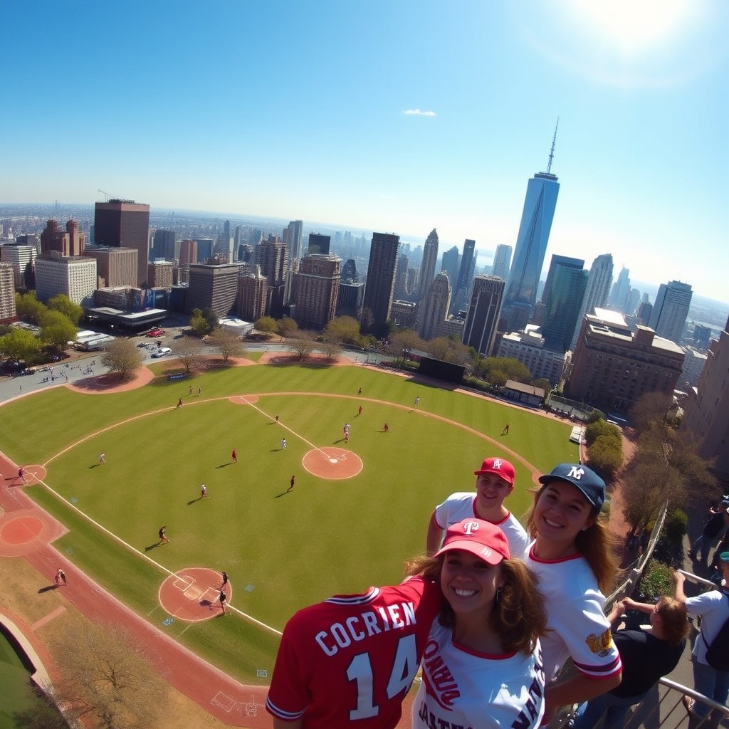 A stunning aerial view of a vibrant baseball game in a park, with several friends smiling and playing energetically on the field
