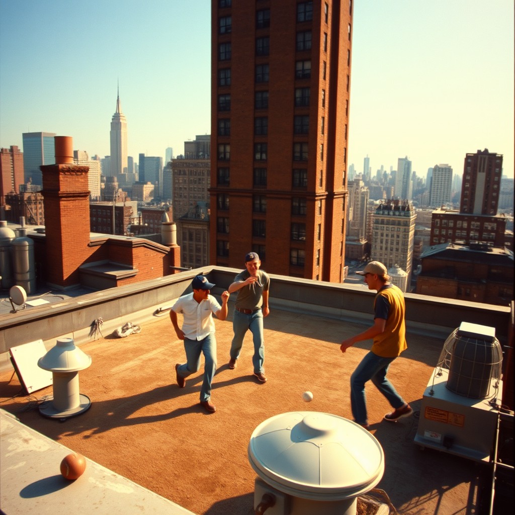 A nostalgic scene capturing a group of friends playing baseball in a New York City neighborhood in 1995, viewed from the rooftop of a tall building