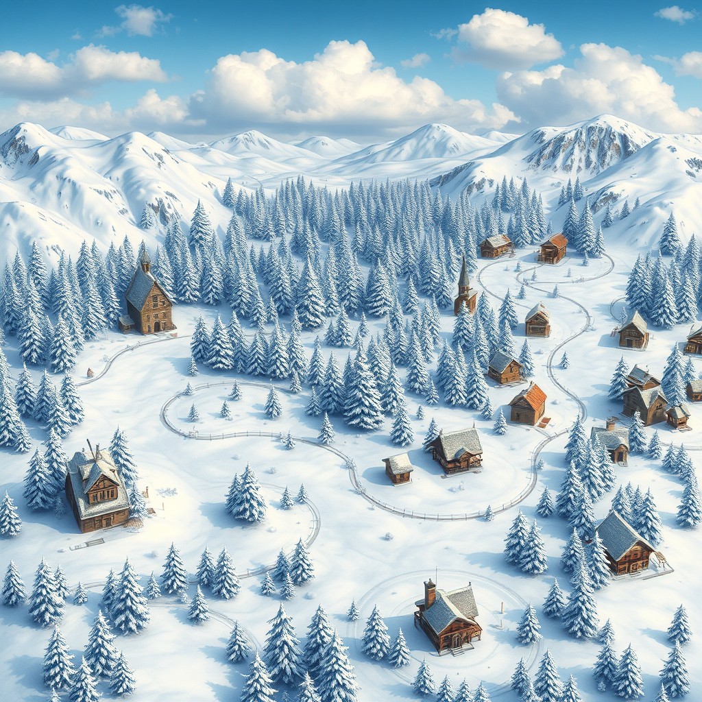 A detailed board game map depicting a winter forest setting in the middle, heavily blanketed with snow