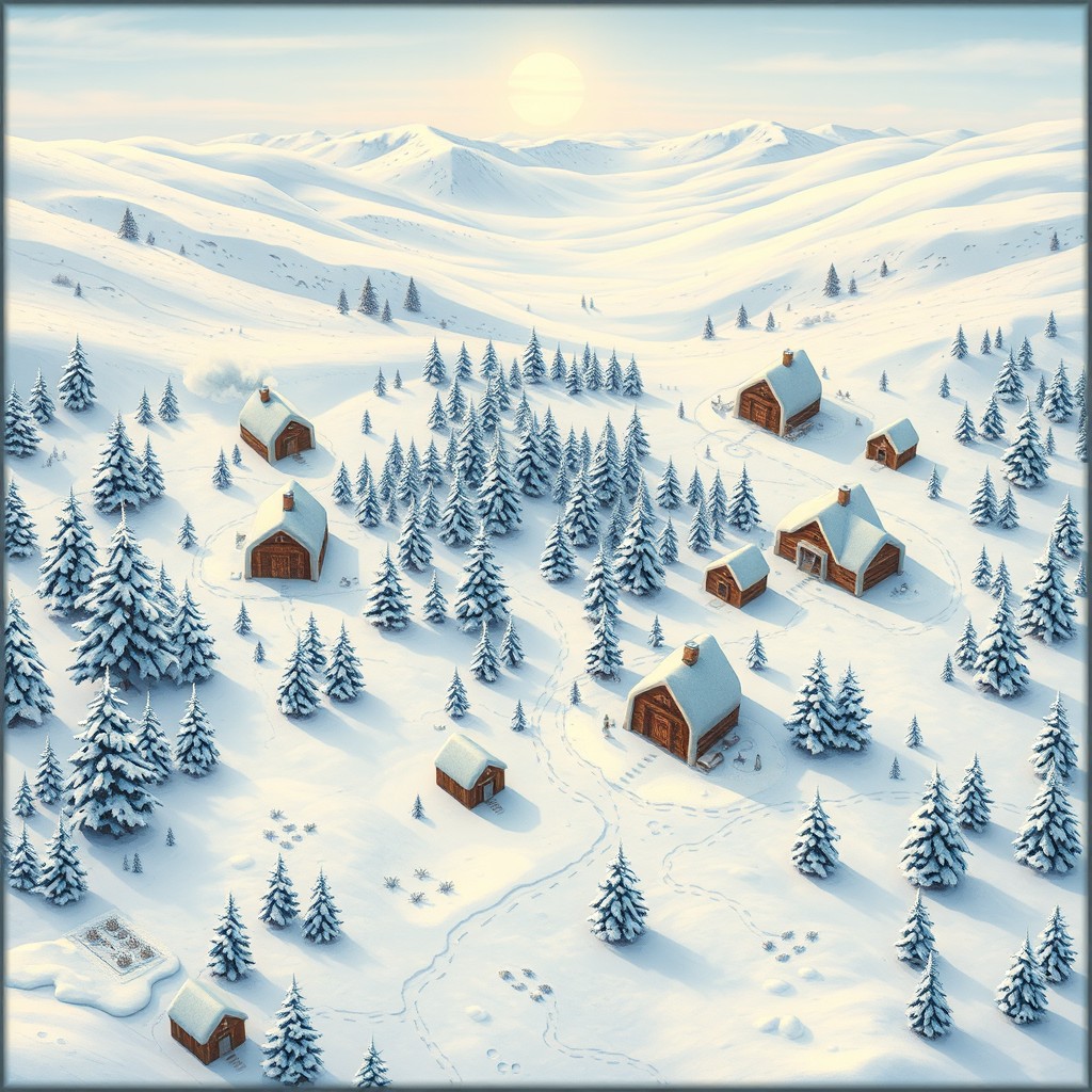 A detailed board game map illustrating a winter forest scene with abundant snow covering the ground