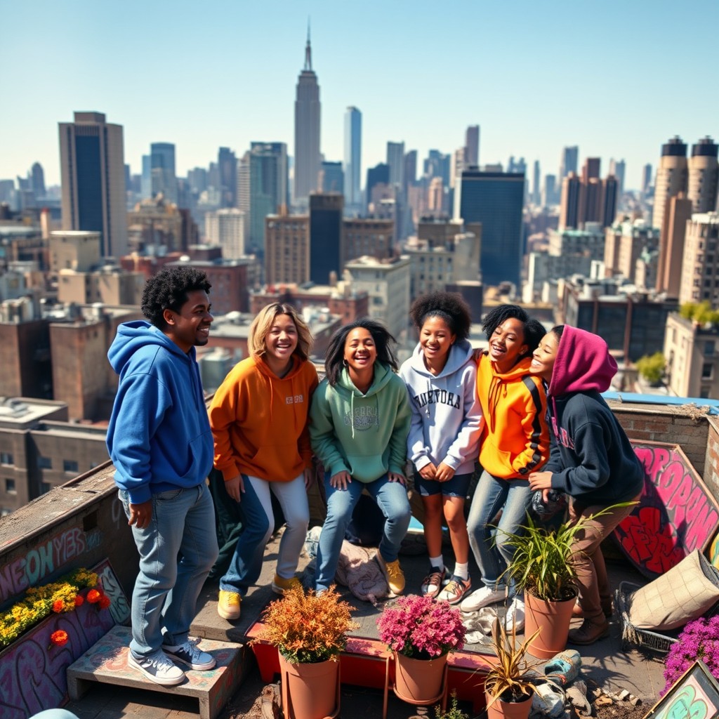A vibrant scene depicting a group of diverse friends playing on the roof of an uptown New York City building in 1995