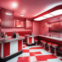 Create an image of a classic 1950s American diner at sunset with neon lights reflecting off chrome fixtures and retro red and white checkered floor tiles.