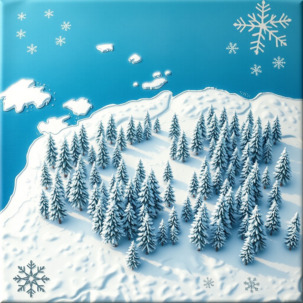 A beautifully detailed board game map featuring a picturesque winter forest at the center, surrounded by a lot of fresh, soft snow
